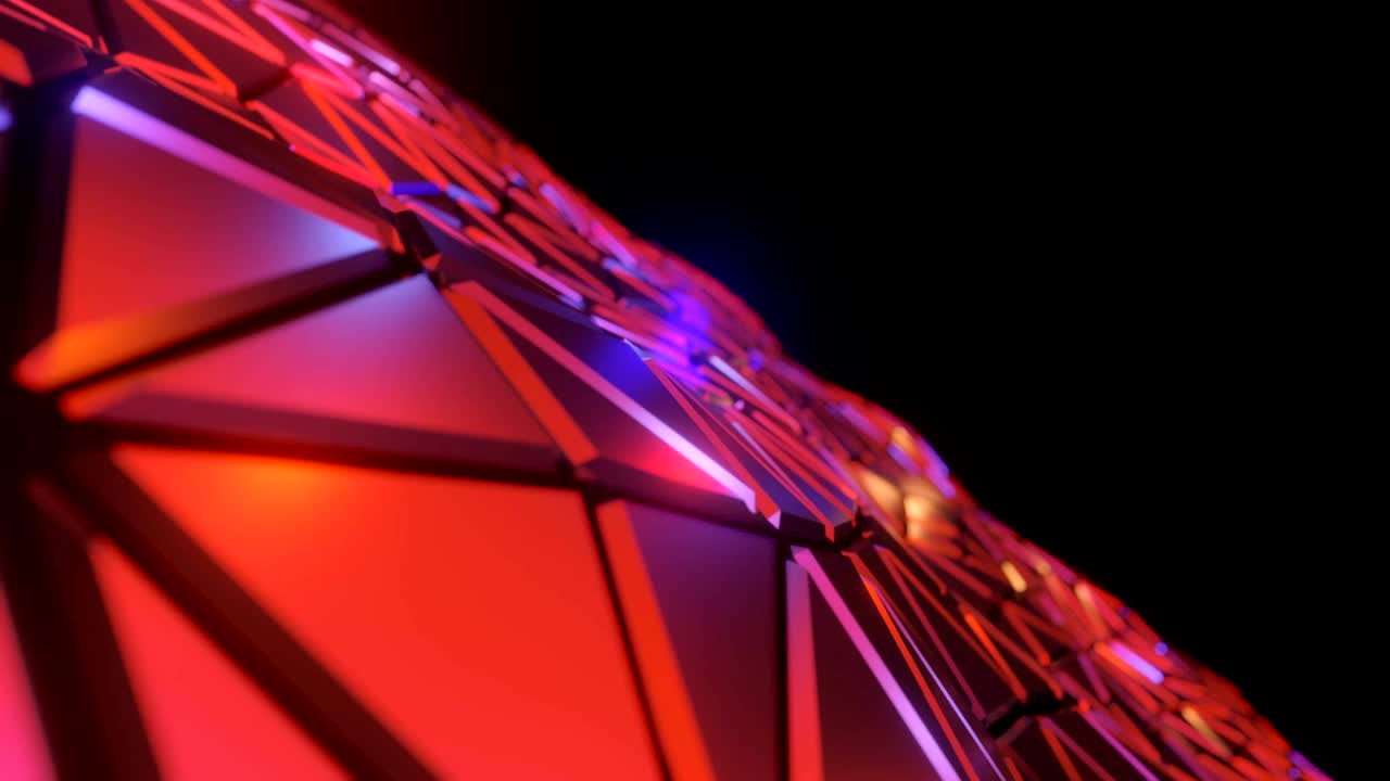 Abstraktní animace vlnícího se pozadí s červeným geometrickým povrchem trojúhelníku, 3D renderování