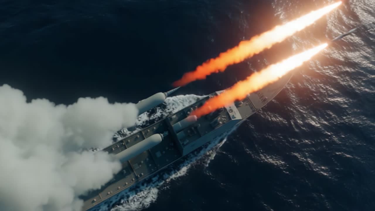 An Advanced Naval Vessel Launches Precision Missiles Amidst Turbulent Waters, Showcasing Cutting-Edge Naval Technology and Military Prowess in Action