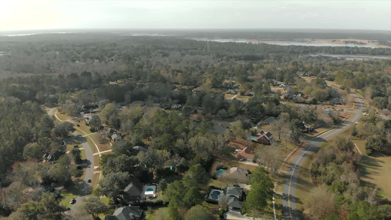 Aerial View of a Suburban Neighborhood near a River