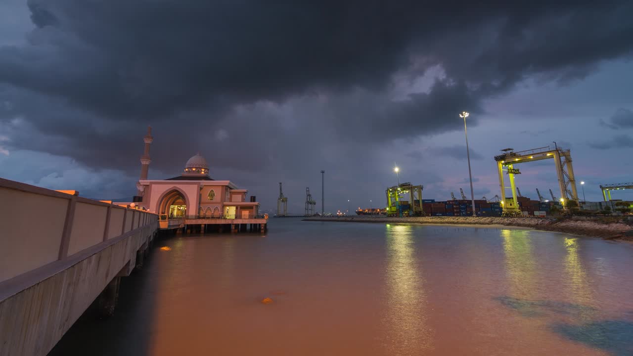 Timelapse day to night sunset hour float mosque