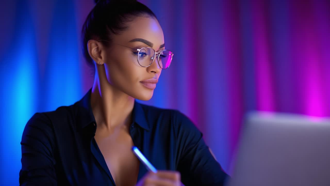 En fokuseret, ung kvinde med briller, der koncentreret tager noter, mens hun sidder ved en bærbar computer, belyst af levende blå og pink farver, der skaber en moderne og dynamisk atmosfære på arbejdspladsen