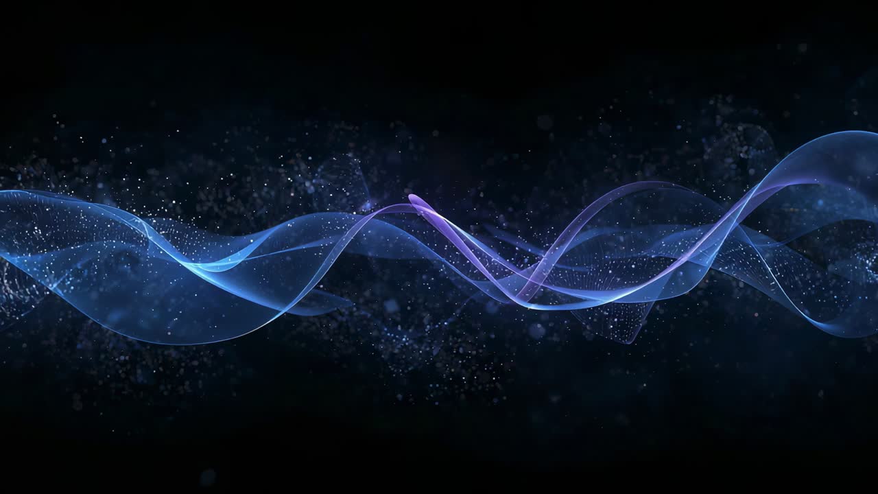 Flowing translucent ribbon wave shifting right via phase shift in dark nebula with purple-glow mesh