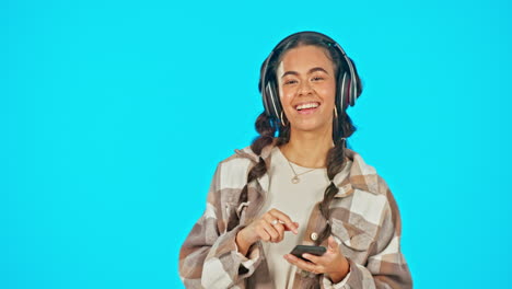 woman, face and headphones with smartphone