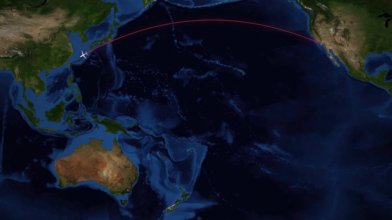 Satellite map animation tracks a flight path from Los Angeles to Taipei across the Pacific