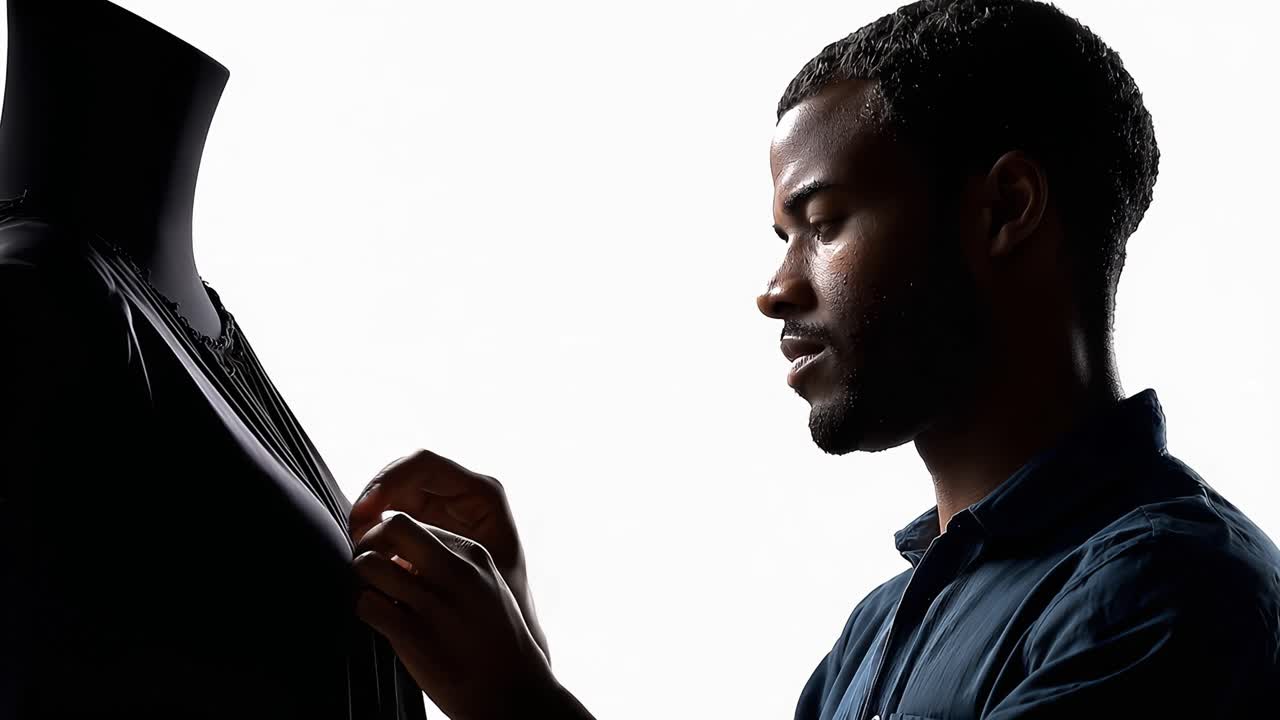 Silhouette shows focused designer adjusting garment. Hand movements precise, deliberate, and skilled. Light source from behind creates soft contrast. Professional demeanor conveys dedication to craft