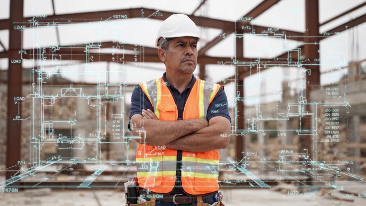 Byggeleder, der overvåger den strukturelle ramme med arkitektoniske planer i digitalt overlay på en byggeplads, hvilket demonstrerer ekspertise inden for projektledelse.