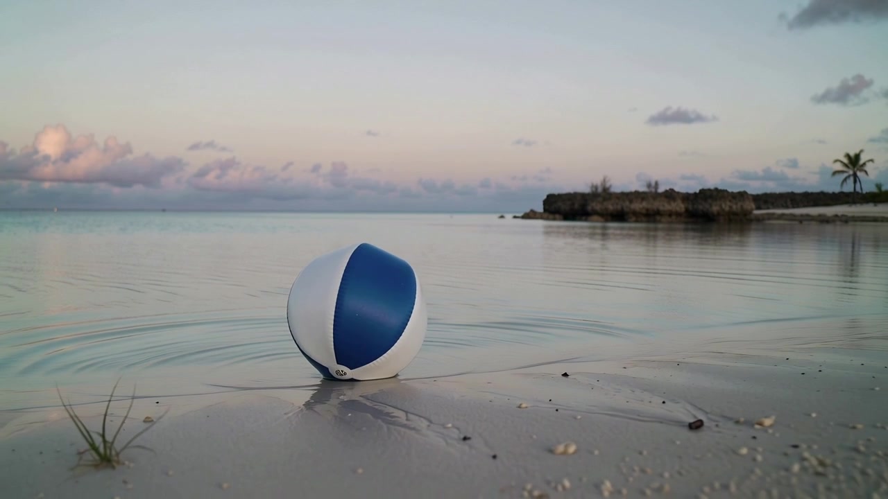Rippling from small wave, inflatable blue-and-white beach ball rocking on wet sand near waterline