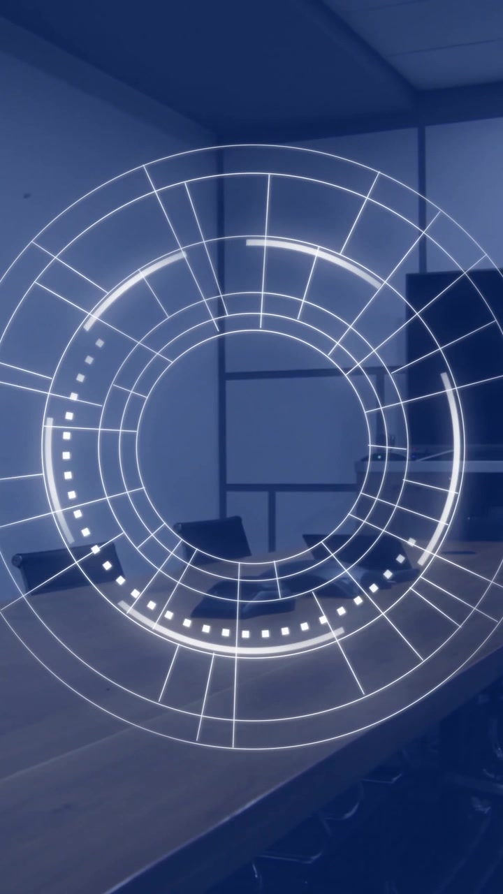 Animazione di interfaccia circolare futuristica in una sala conferenze vuota con mobili moderni