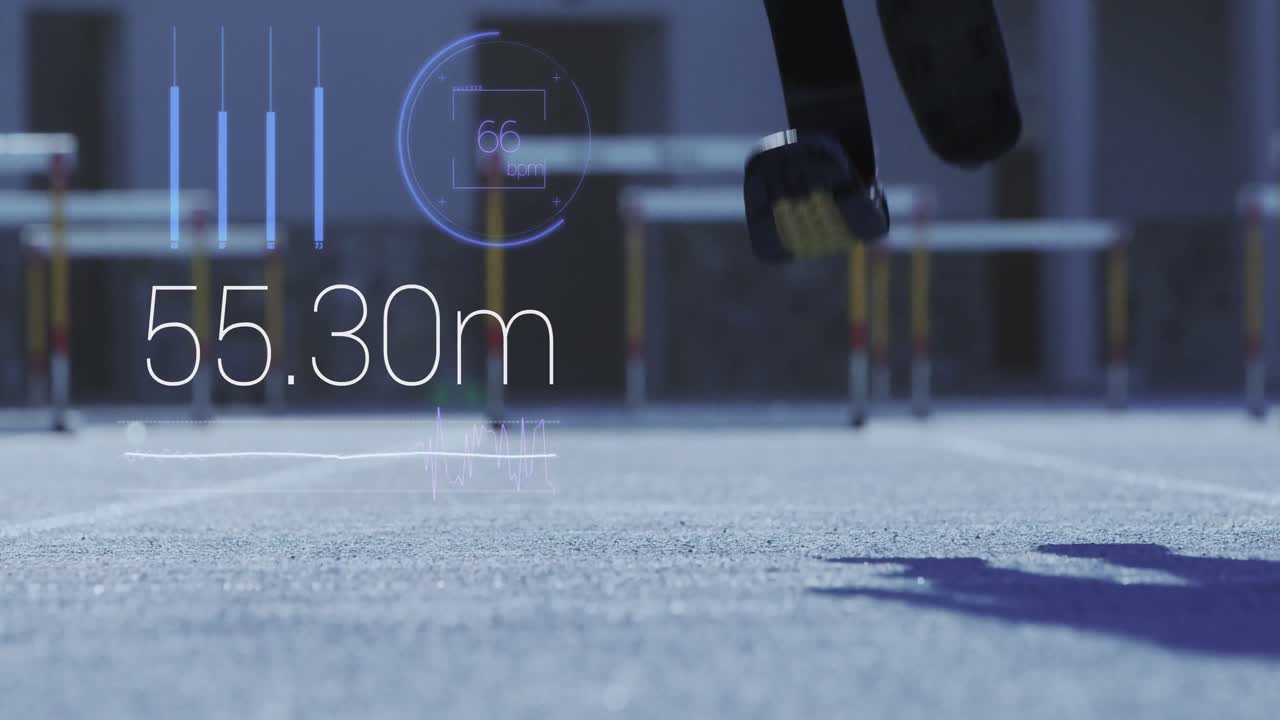 Animation of time measuring and disabled athlete with prosthetic legs running on a racing track