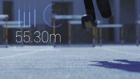 Animation-of-time-measuring-and-disabled-athlete-with-prosthetic-legs-running-on-a-racing-track