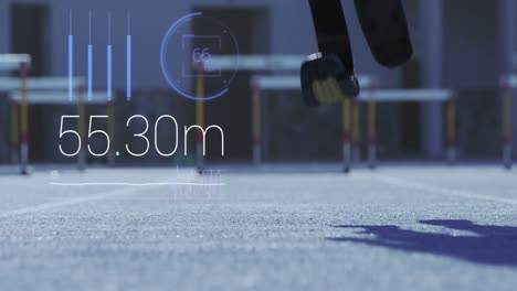animation of time measuring and disabled athlete with prosthetic legs running on a racing track