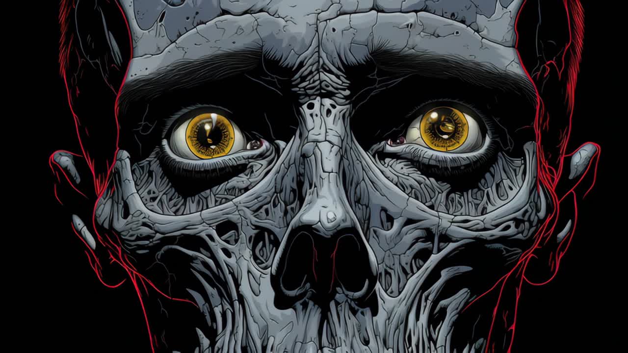 Metal skull with glowing eyes stares intensely