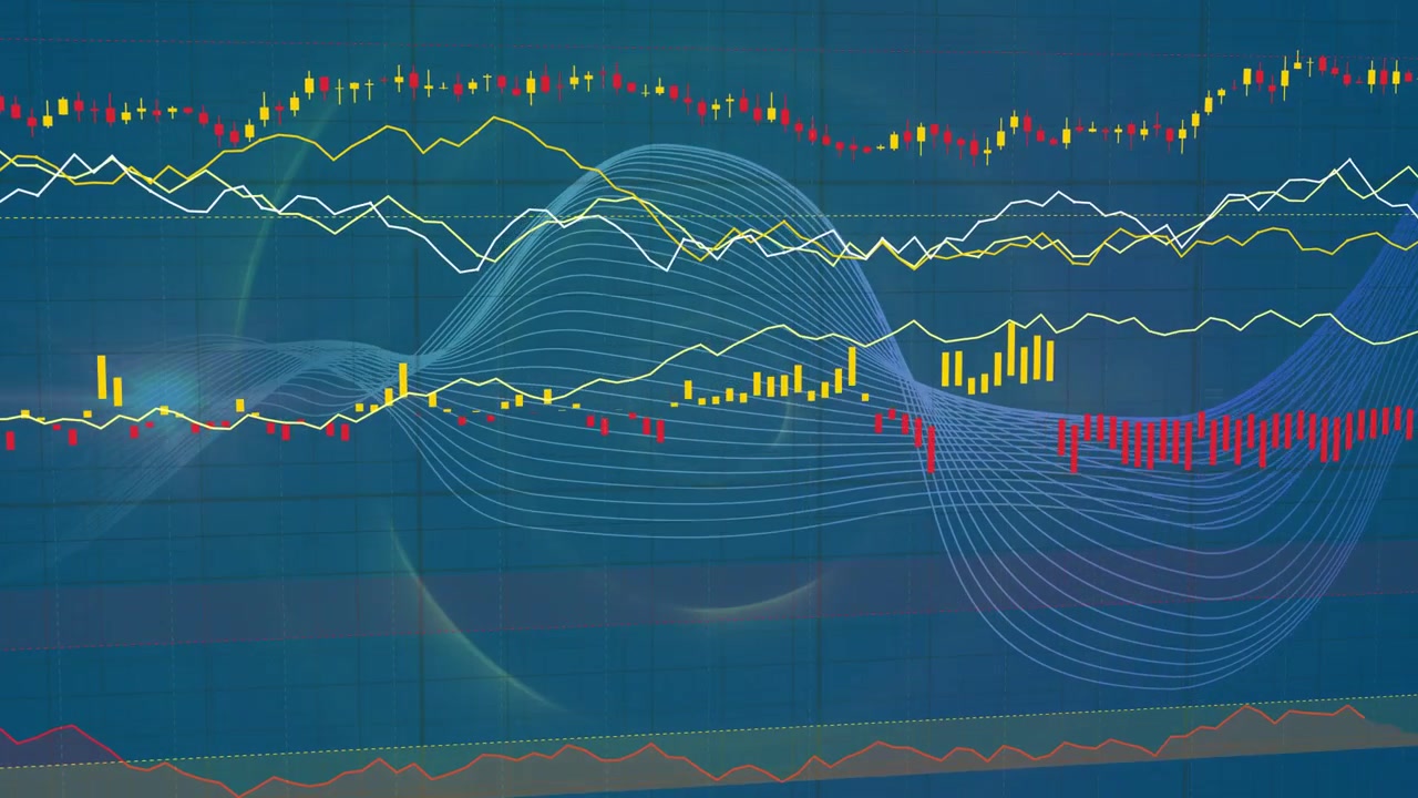 Timeline advancing, layered ribbon and chart elements emerging left-right, forming market dashboard