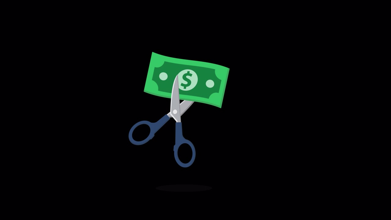Animated Scissors Cutting a Dollar Bill on Black Background