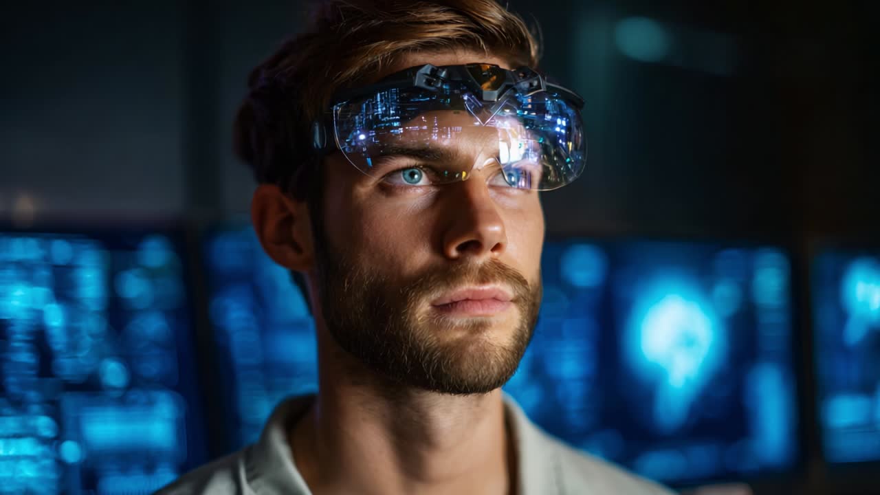 A focused individual wearing advanced augmented reality glasses, gazing thoughtfully, while digital data flows within the lenses, symbolizing innovation in technology and the future of human-computer interaction
