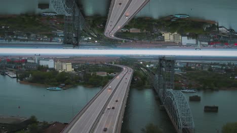 reflected bridge cityscape