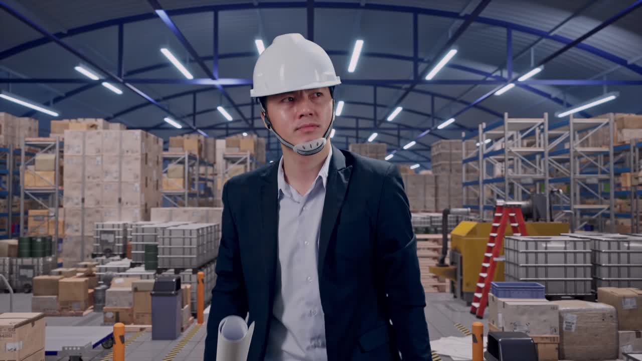 Vista frontale di un uomo d'affari asiatico che tiene una planimetria mentre cammina in un ampio magazzino con file di scaffalature