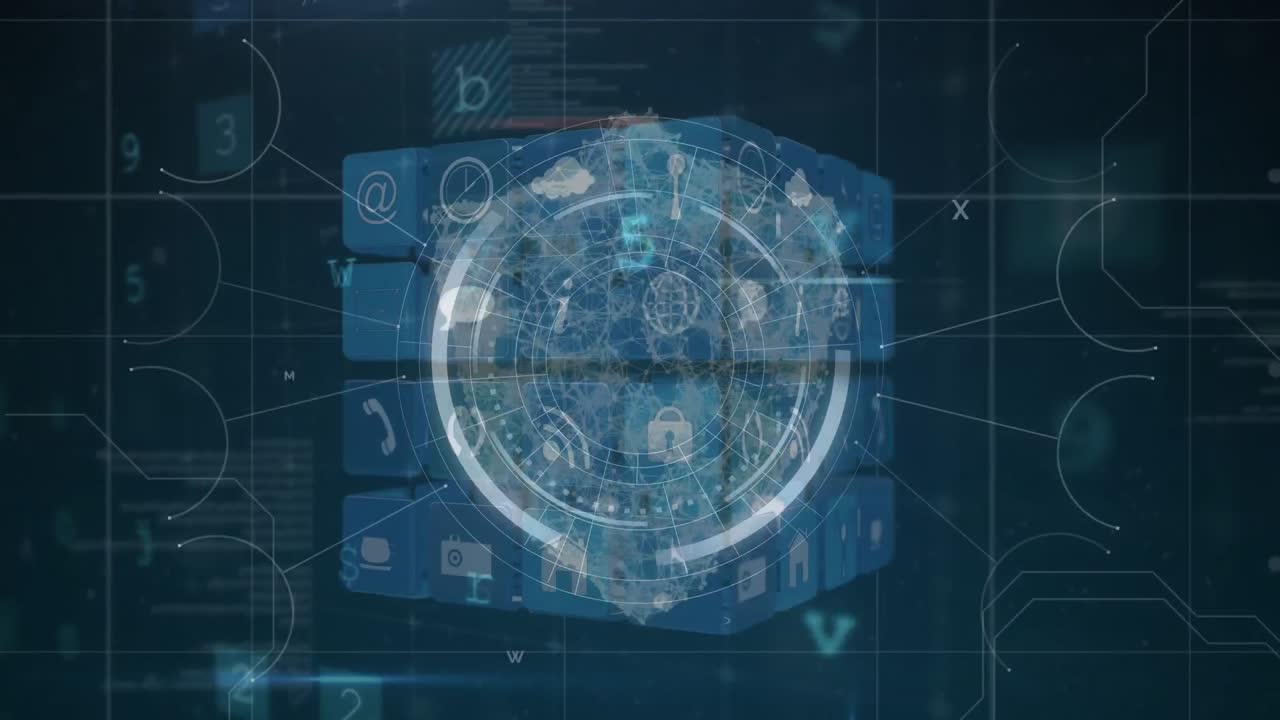 Animation of scanning, digital shield, cube and diverse data processing