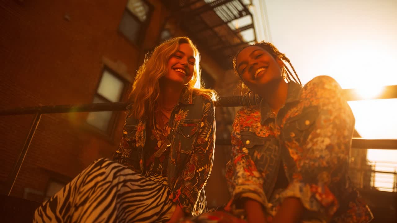 Two friends share a joyful moment at sunset, laughing and enjoying each other's company while dressed in stylish, vibrant outfits that reflect their unique personalities against an urban backdrop