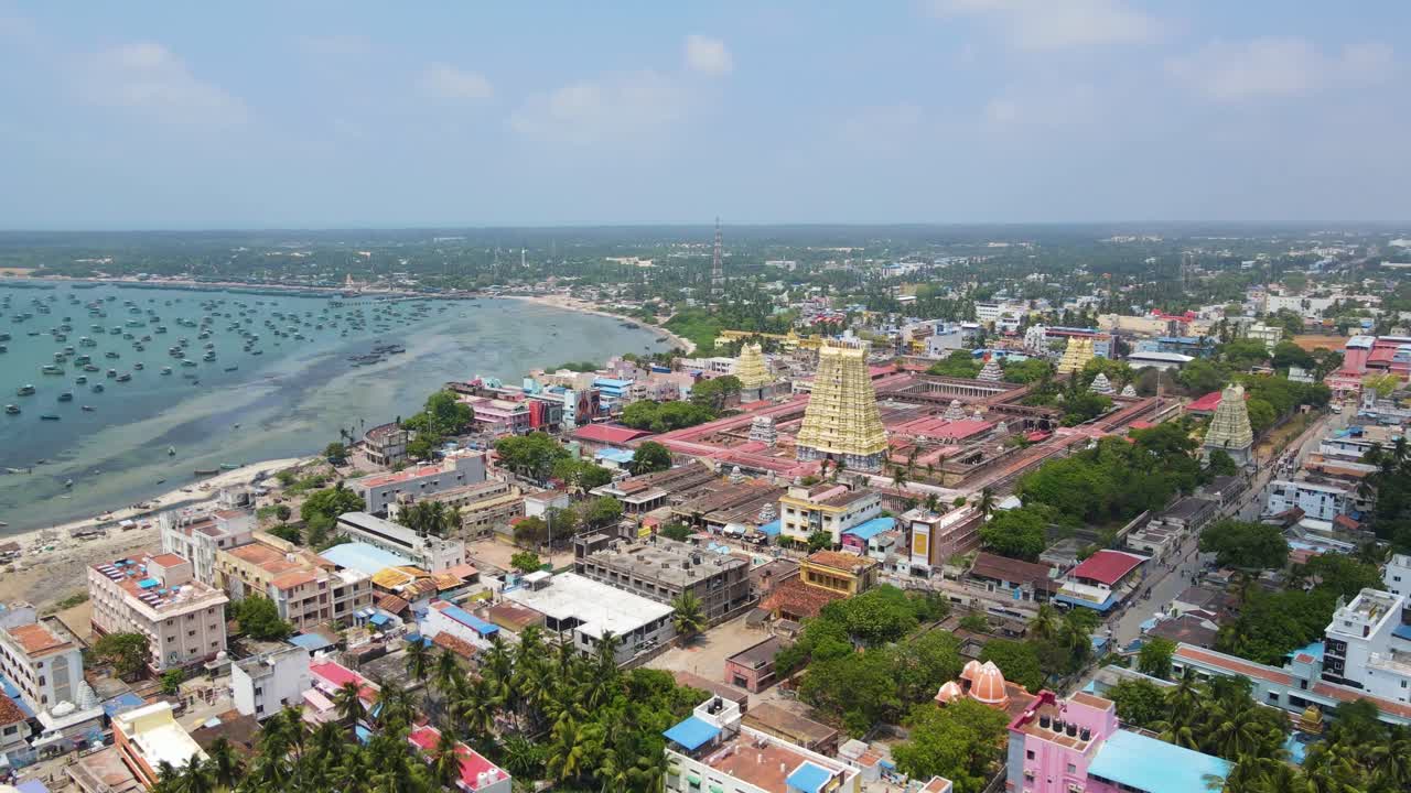 Stunning aerial drone shot of Rameshwaram city with a bird’s-eye view of the magnificent temple.
