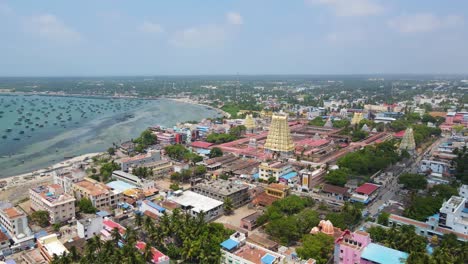 stunning aerial drone shot of rameshwaram city with a bird’s-eye view of the magnificent temple.