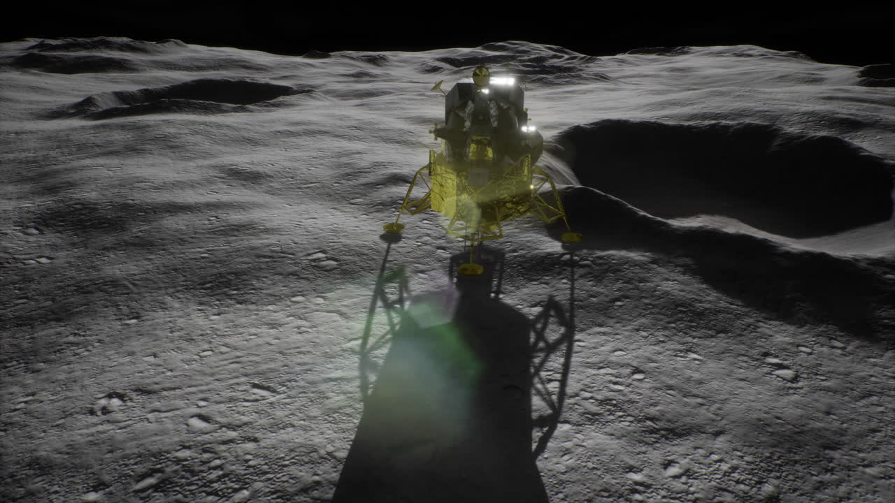 Exploration on the moons surface with a lunar module at dawn