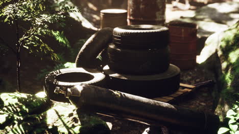 discarded car tires in the forest