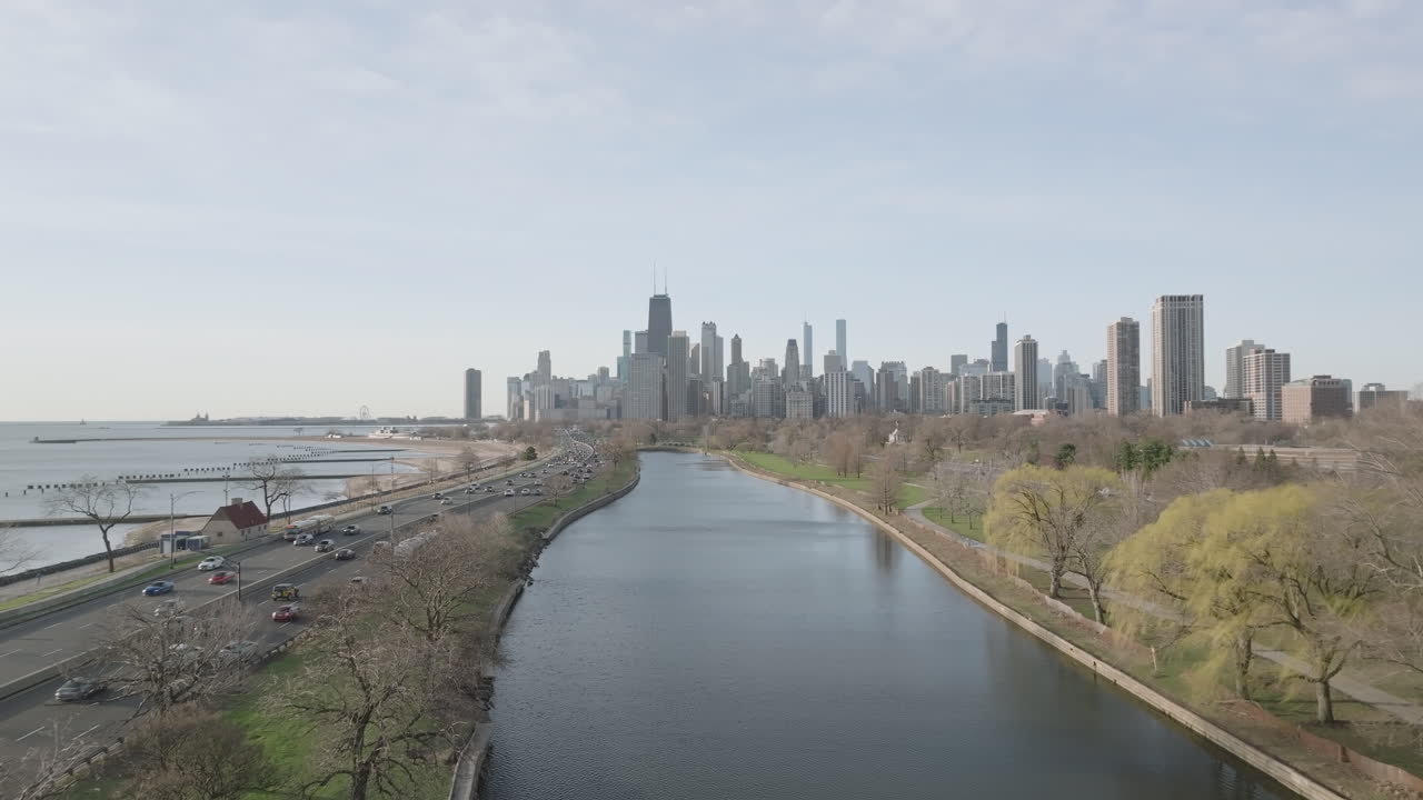 Aerial view of Chicago at sunrise. Shot on a spring morning along Lake Michigan.