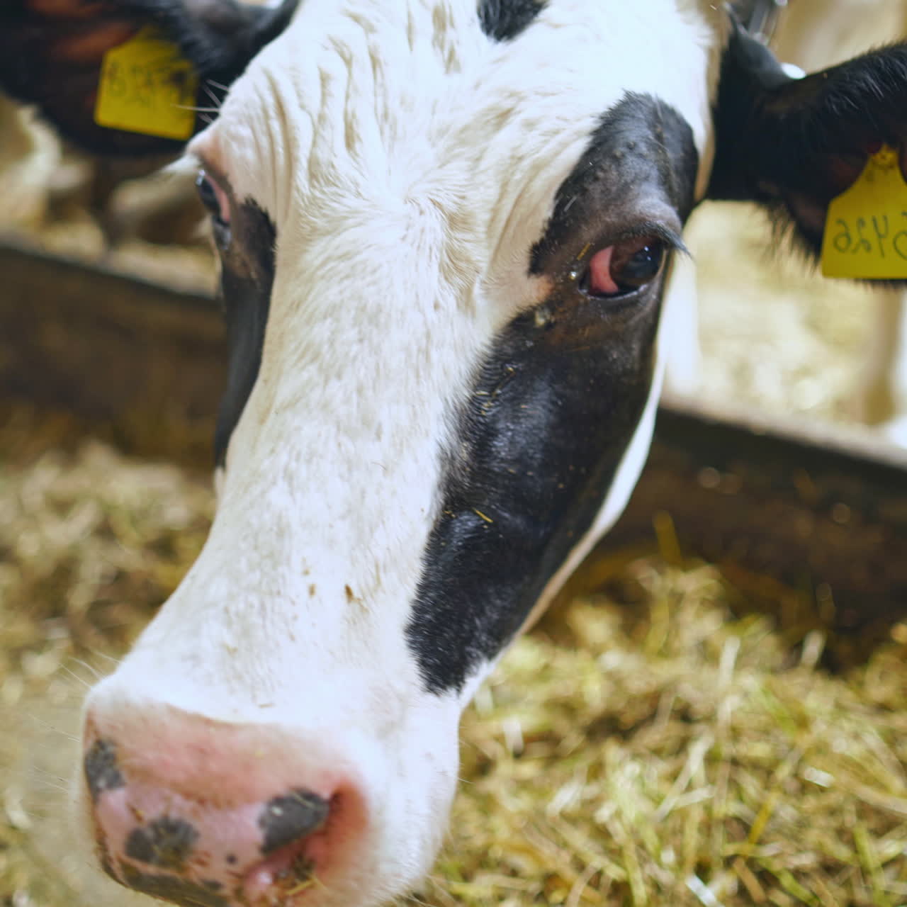 White and black cow's head indoors. Close-up dairy cow on the background of hay in the farm. Ecology and bio products concept.