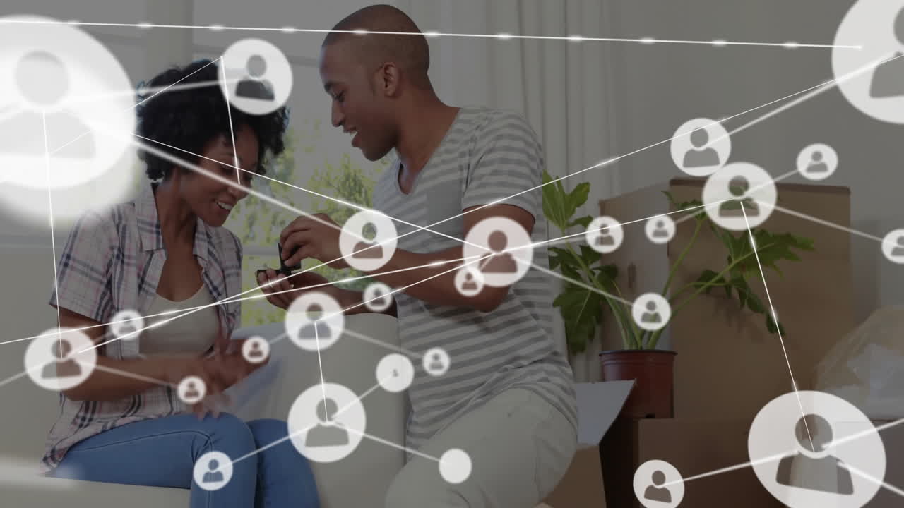 red de conexiones de animación sobre diversas personas que hablan en la sala de estar