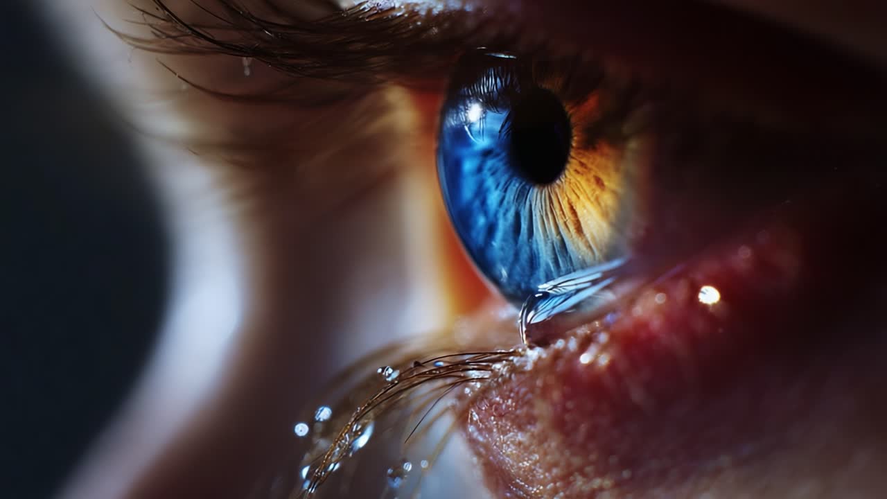Captivating Close-Up of a Tearful Eye, Highlighting the Intricate Details of Emotion with Vivid Blue and Golden Iris and the Dazzling Reflection of Light on the Surface