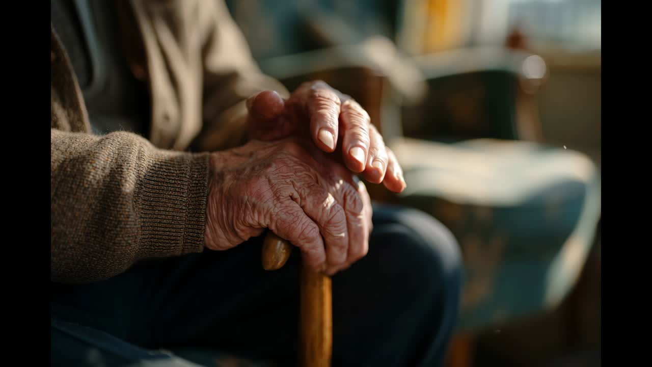 Elderly hands resting on a cane
