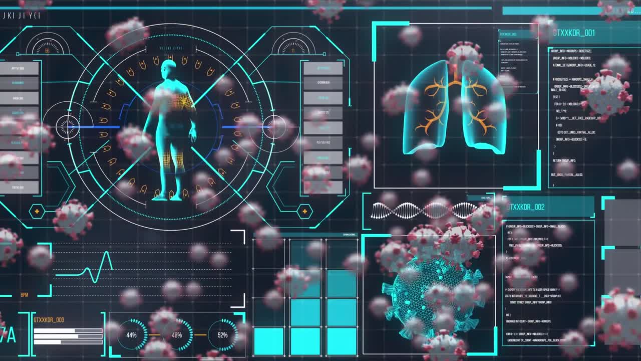 Animation of macro Covid-19 cells floating over human body data and statistics