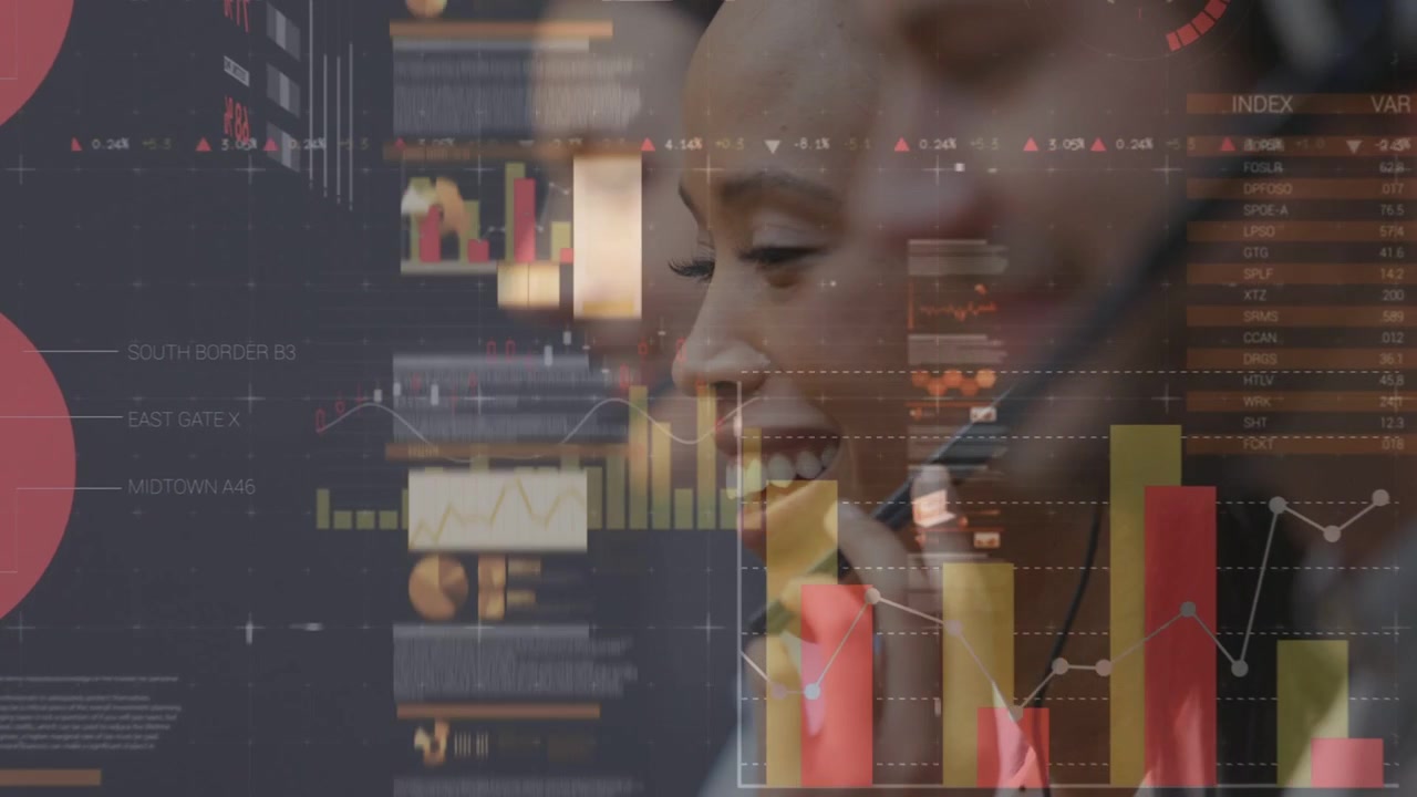 Female call-center agent adjusting headset and speaking for support, charts floating over keyboards