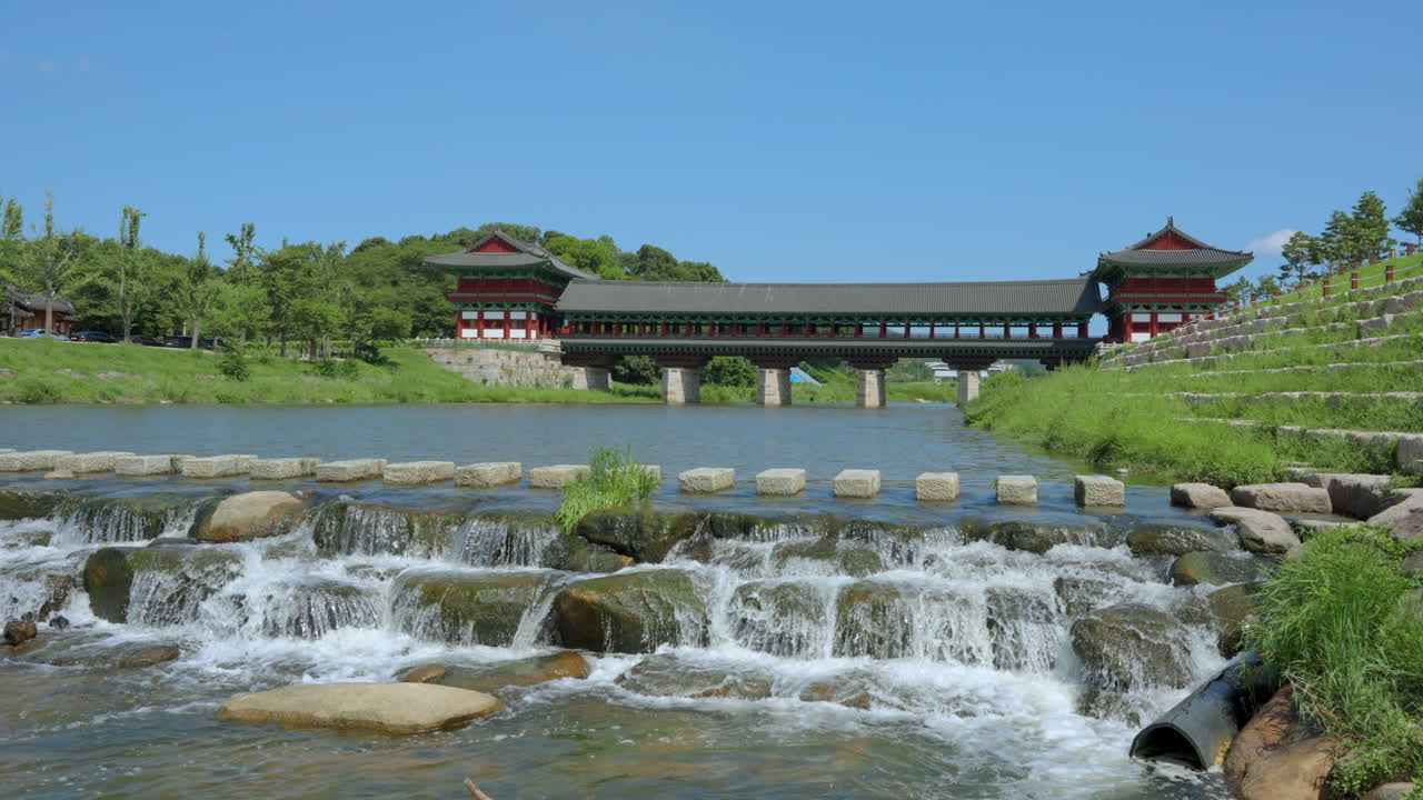 Woljeonggyo Bridge and Namcheon Stream Daytime in Gyeongju, South Korea - wide angle view