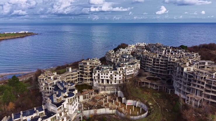 Ruined seaside structures embrace nature, a silent testament to forgotten dreams along the tranquil coast at sunset