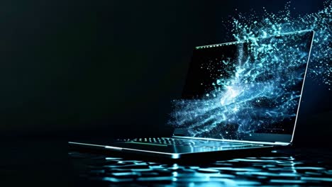 futuristic laptop with digital data emanating