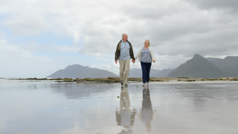 Vista-De-ángulo-Bajo-De-Una-Pareja-De-Ancianos-Caucásicos-Caminando-De-La-Mano-En-La-Playa-4k