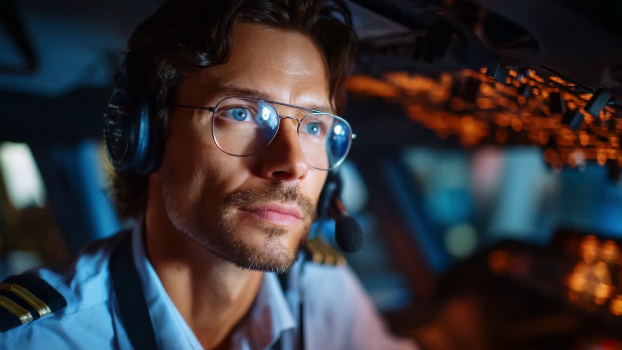 Focused Pilot in Cockpit with Headset Adjusting Controls and Managing Flight Operations during Evening Hours, Showcasing Professionalism and Concentration