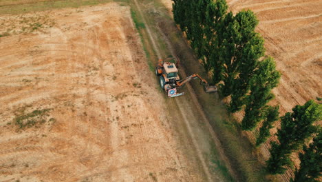 tractor cortando a lo largo de una fila de árboles en un campo