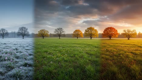 a captivating journey through the seasons: from frosty winter vistas to vibrant autumn colors captured in this beautiful landscape