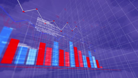animación del procesamiento de datos financieros sobre una cuadrícula sobre un fondo púrpura.