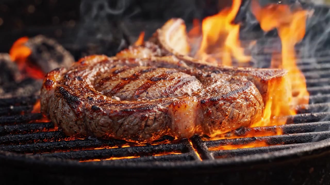 Sizzling Grilled Steak: Indulge in the Mouthwatering Char and Juicy Tenderness from the Grill, Perfectly Cooked to Perfection with Smoky Flavors