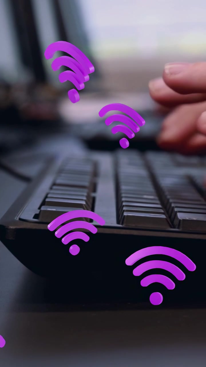 Vertical video: Purple Wi-Fi icons appearing hands pressing keys symbols floating to show network
