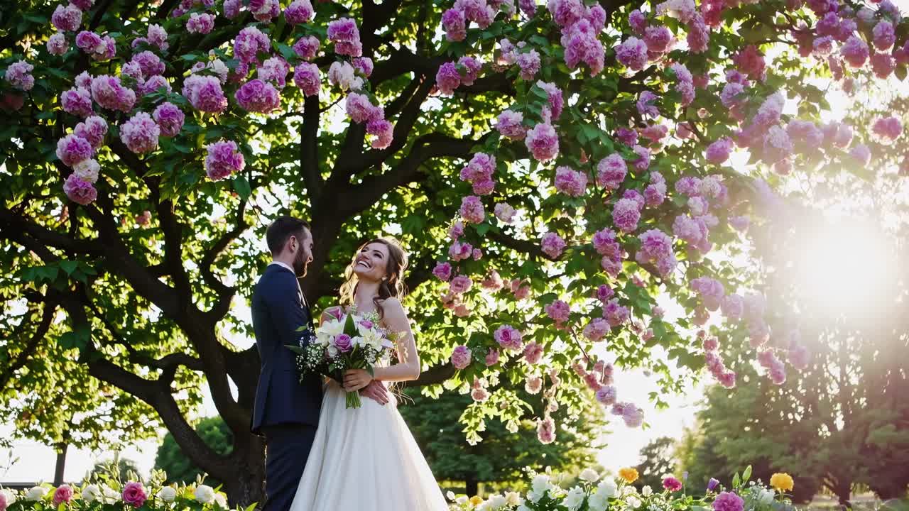 Romantisk bryllupsvideo scene med en low-engel optagelse af et par under et blomstrende træ