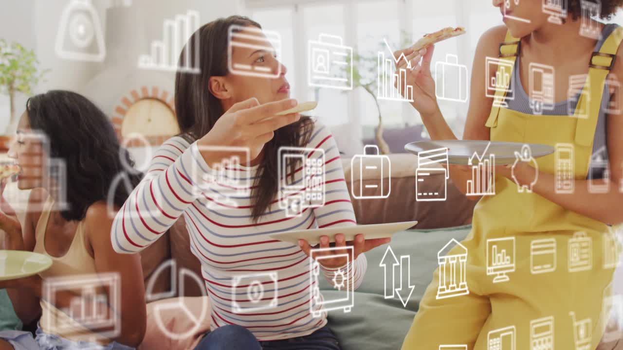 Woman in striped top raising slice and gesturing sparking finance chat with white charts hovering