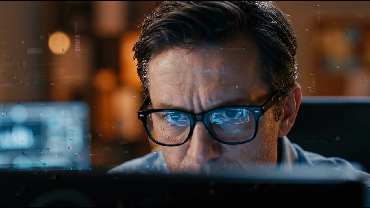 Serious programmer with coding reflections in glasses concentrating on desktop monitor in dark workspace
