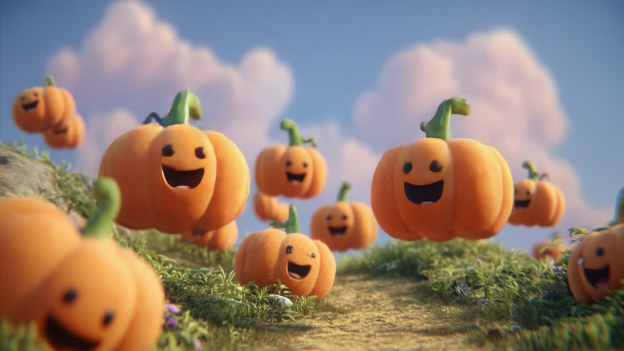 A Whimsical Journey Through a Cheerful Pumpkin Wonderland Filled with Happy Floating Pumpkins, Lush Greenery, and a Bright, Playful Sky