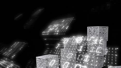 animation of binary coding data processing over cubes with maze