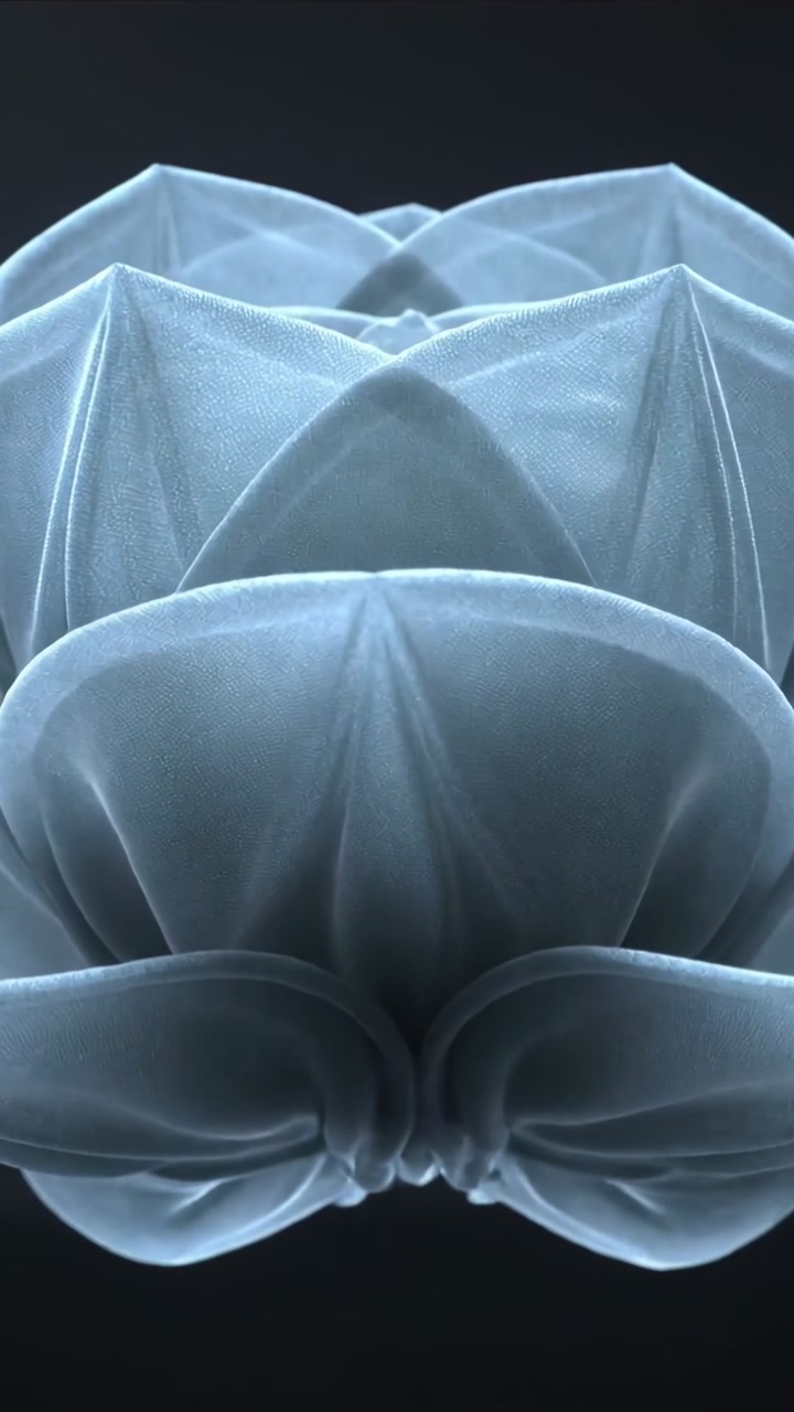 Vertical video: Frames driving sheer petal form unfolding in black studio, cool light revealing art